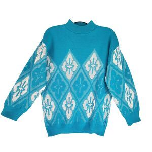 Fortune Knits Vintage 80s USA Womens Pullover Sweater Diamond Teal Mock Neck SzM